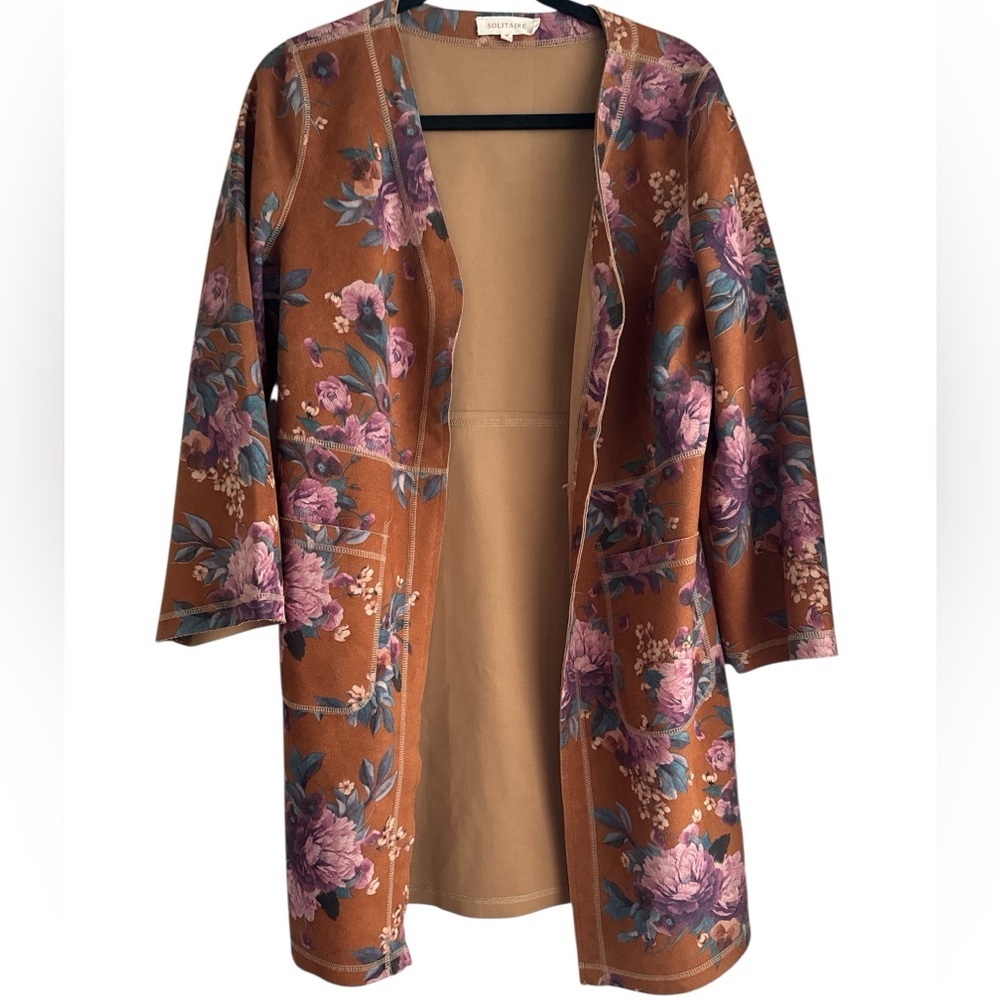 Solitaire by Ravi Khosla Faux Suede Floral Duster Cardigan Size Medium